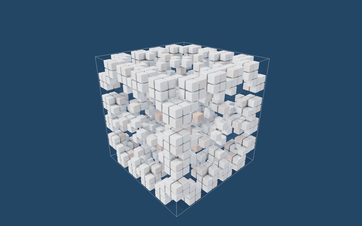 A cube of white voxels, grown by 3D Game of Life rules, inside a wireframe box on a deep blue background.