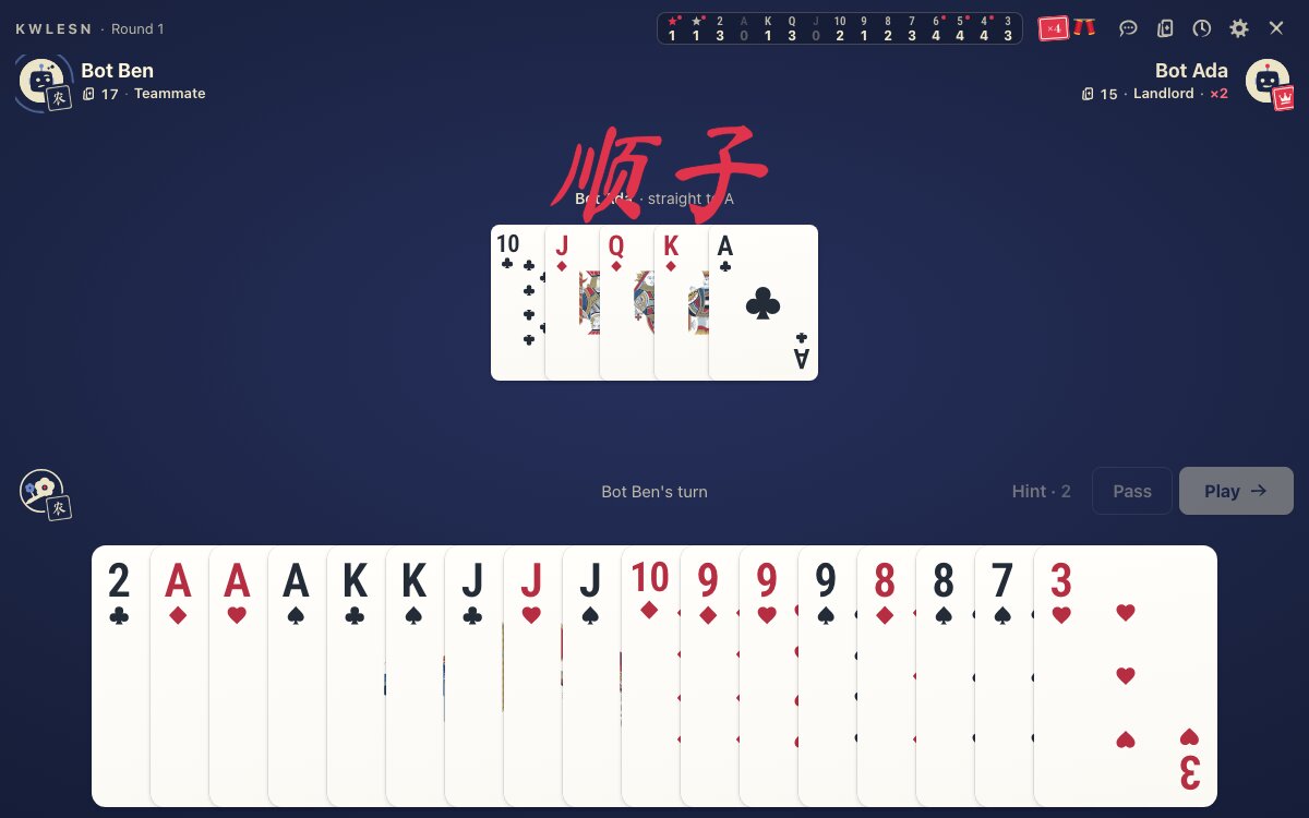 A Dou Dizhu table: the bot landlord has played a straight from ten to ace, marked with the characters 顺子, above the player’s seventeen-card hand.