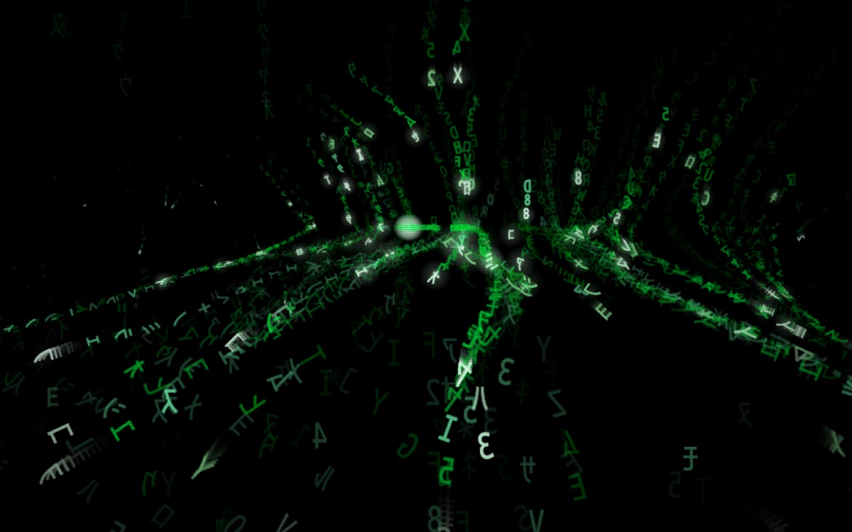 Green glyphs running down the walls and floor of a cave passage that recedes into darkness.